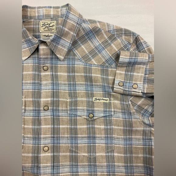 LUCKY BRAND Men’s Tan Blue Plaid Shirt Yoke Pearl Snap, sz Medium - Picture 4 of 7